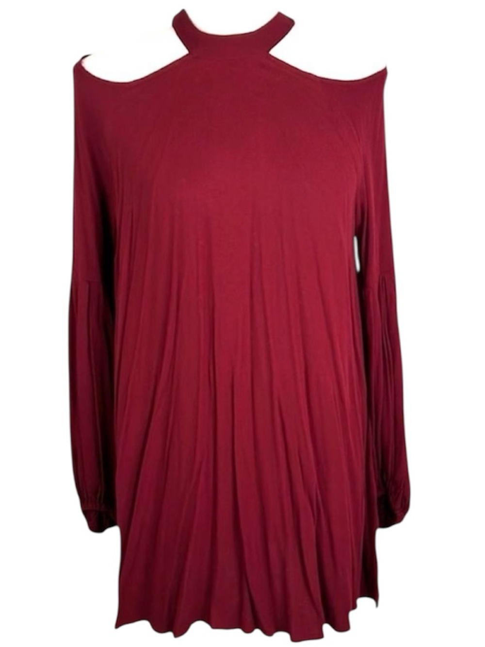 Free People Burgundy Cold Shoulder Balloon Sleeve Tunic Top Boho Flowy Sz Medium